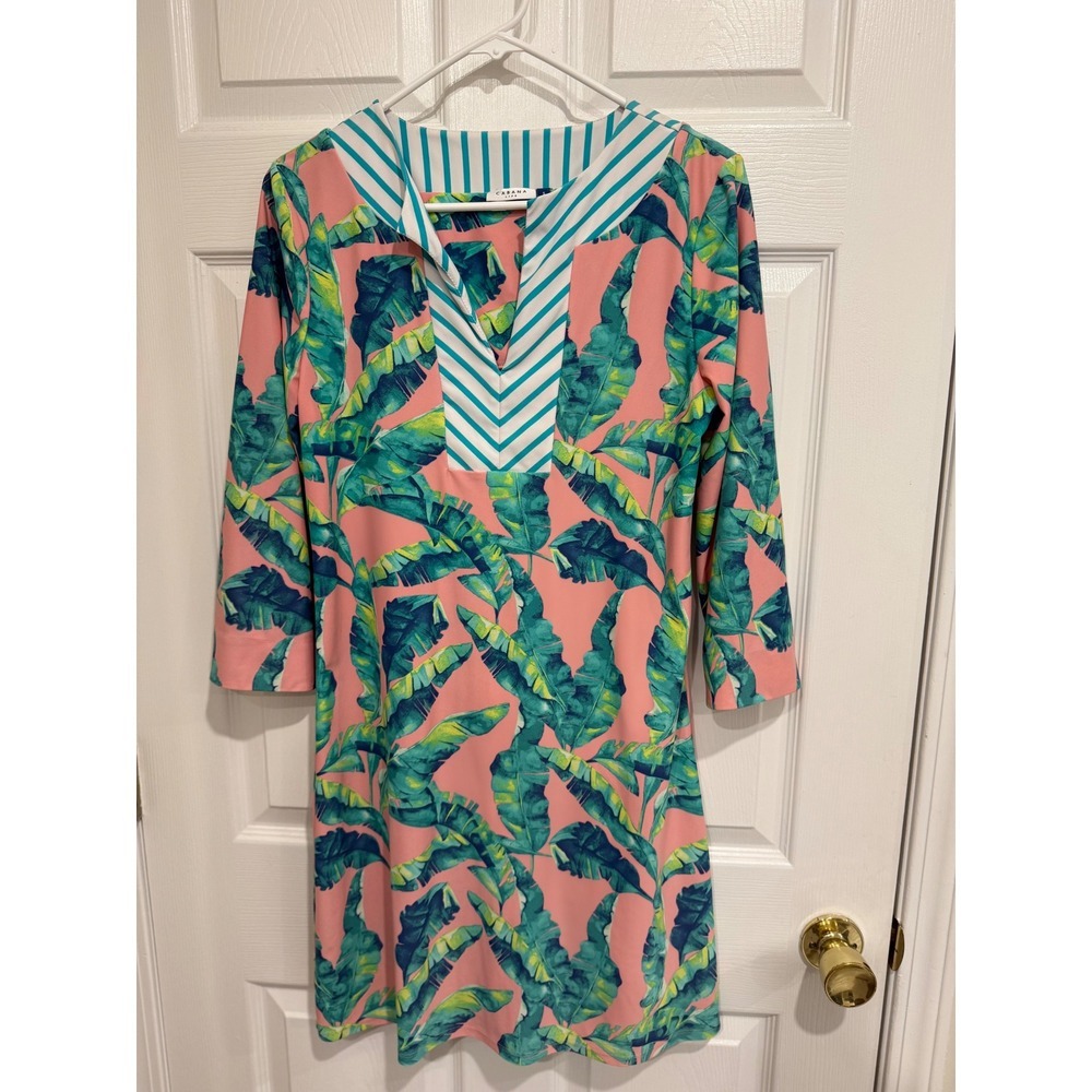Cabana Life UPF 50 Womens Pink Tropical Banana Leaf Print Tunic Shift Dress - Picture 1 of 6